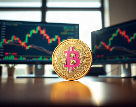 Bitcoin coin in front of a trading chart on a monitor in a modern office
