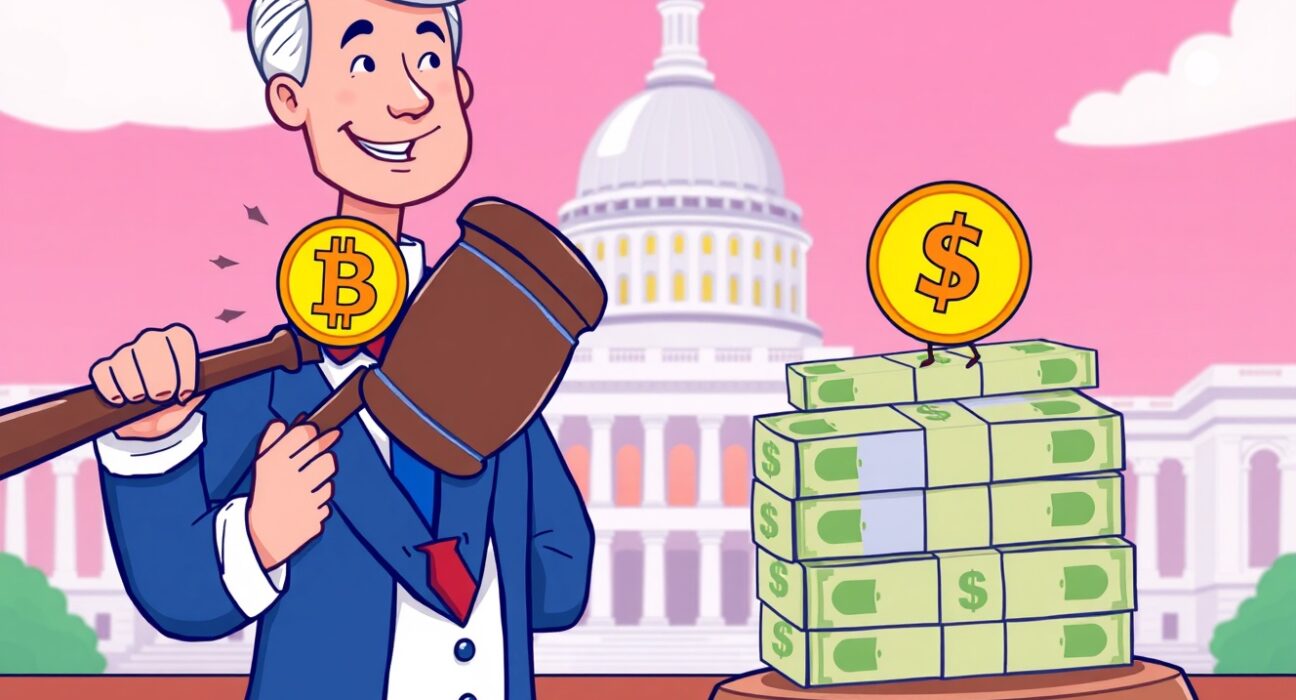 Cartoon illustration of a US crypto tax exemption bill deciding the fate of Bitcoin and stablecoins.