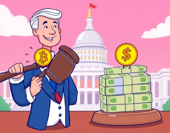 Cartoon illustration of a US crypto tax exemption bill deciding the fate of Bitcoin and stablecoins.