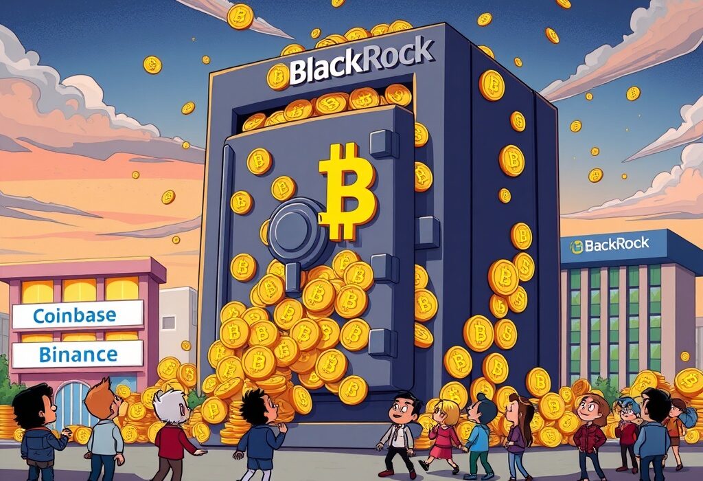 Cartoon showing BlackRock's IBIT vault as the dominant Bitcoin custodian, signifying a major shift in crypto holdings.