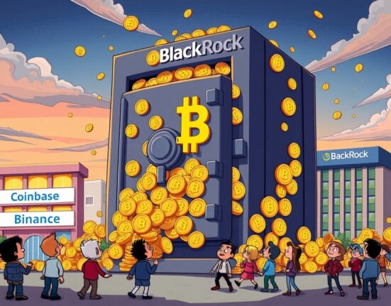 Cartoon showing BlackRock's IBIT vault as the dominant Bitcoin custodian, signifying a major shift in crypto holdings.
