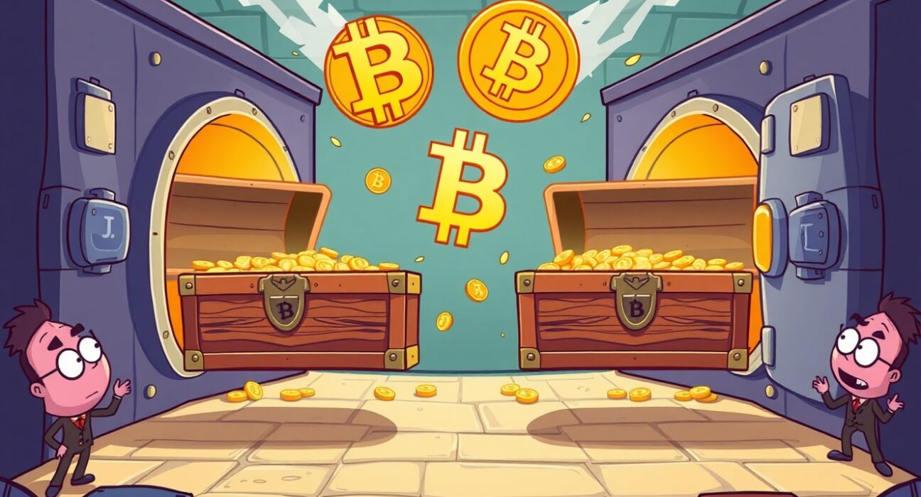 Strategic Bitcoin custody diversification showing secure transfer between institutional vaults