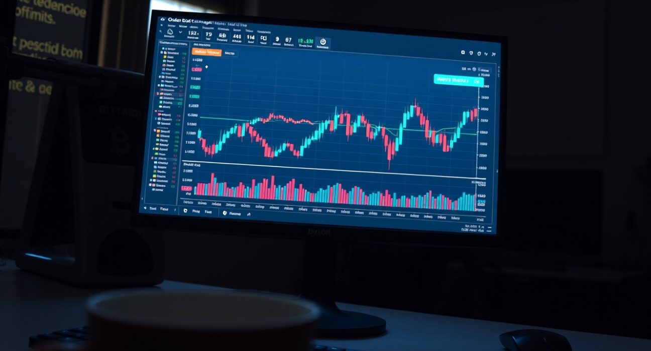 Bitcoin trading chart showing CVD and volume heatmap on a monitor in a professional office