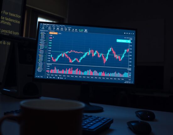 Bitcoin trading chart showing CVD and volume heatmap on a monitor in a professional office