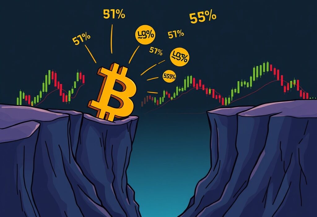 A cartoon illustration of a Bitcoin symbol at the bottom of a market chart, showing it's not quite at the Bitcoin cycle bottom yet.