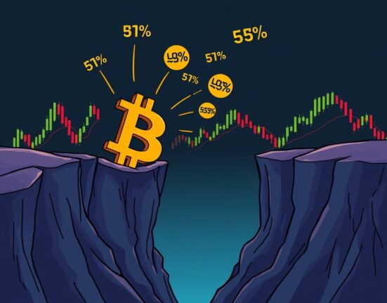 A cartoon illustration of a Bitcoin symbol at the bottom of a market chart, showing it's not quite at the Bitcoin cycle bottom yet.