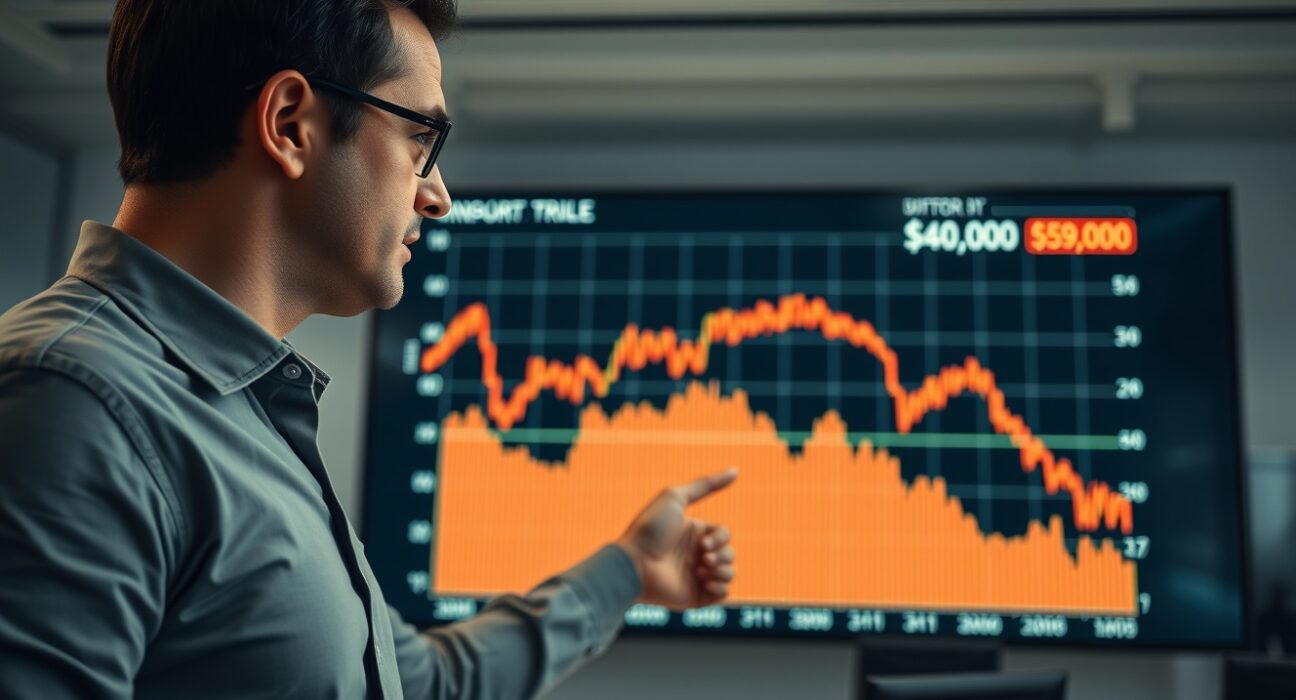 Financial analyst pointing at Bitcoin price chart showing support zone between $40,000 and $59,000