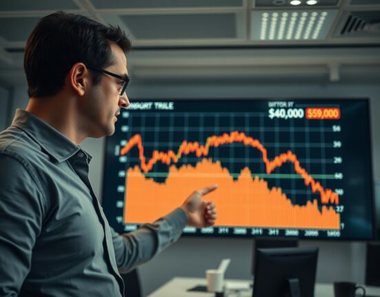 Financial analyst pointing at Bitcoin price chart showing support zone between $40,000 and $59,000