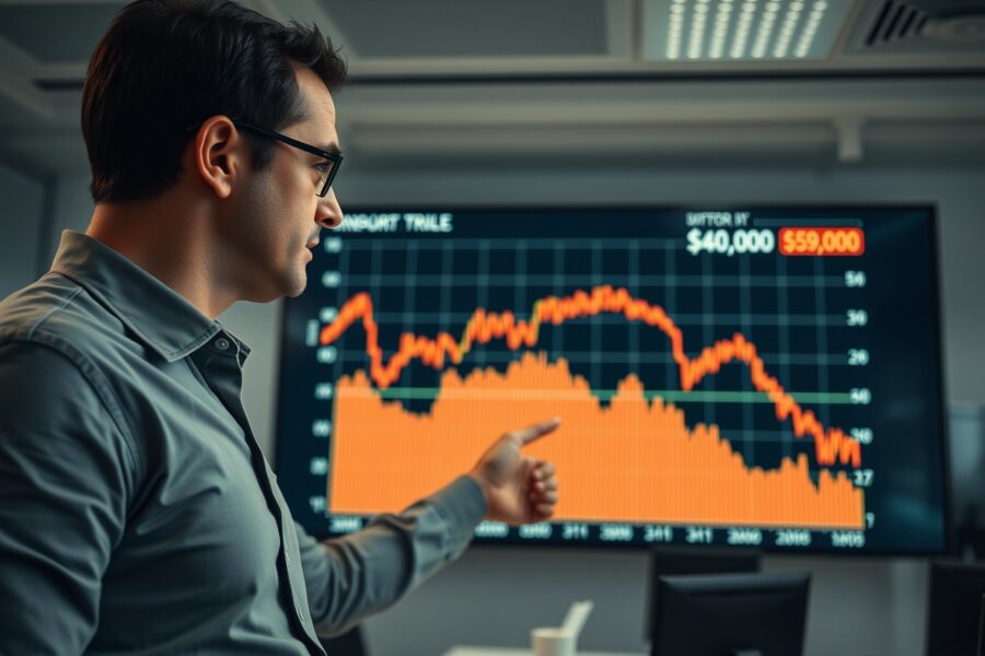 Financial analyst pointing at Bitcoin price chart showing support zone between $40,000 and $59,000