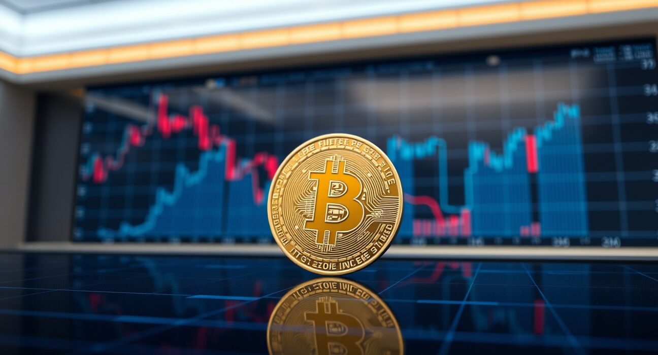 Bitcoin coin on a financial chart with a downward trend line and moving average, representing market cycle analysis.