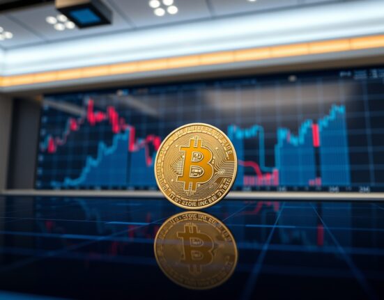 Bitcoin coin on a financial chart with a downward trend line and moving average, representing market cycle analysis.