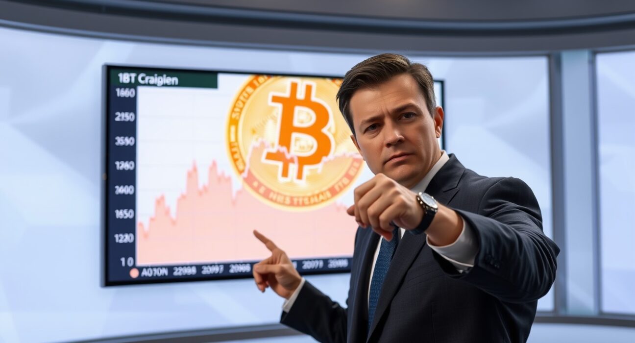 Financial analyst pointing to a Bitcoin price chart showing a less severe correction in the current cycle.