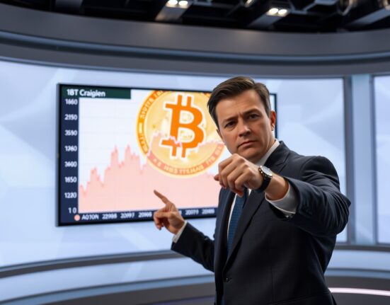 Financial analyst pointing to a Bitcoin price chart showing a less severe correction in the current cycle.