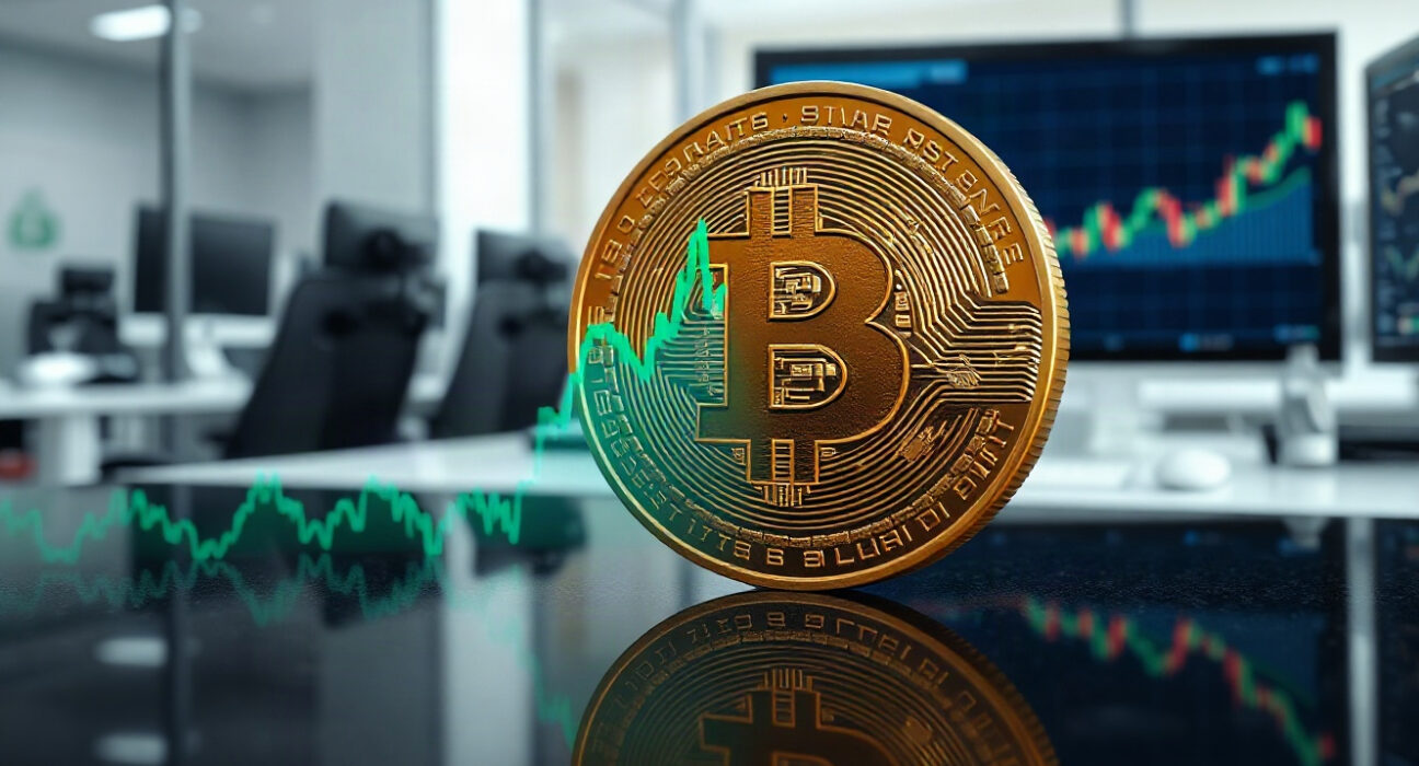 Bitcoin coin with upward momentum chart in background symbolizing positive cycle indicator