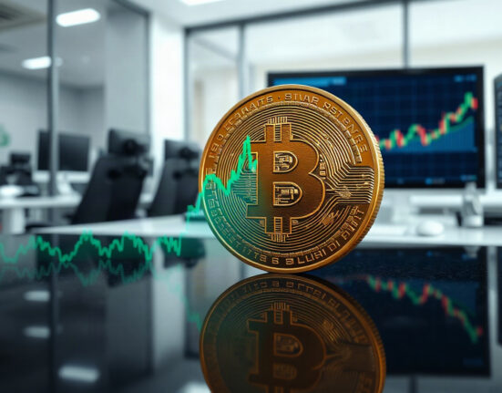 Bitcoin coin with upward momentum chart in background symbolizing positive cycle indicator