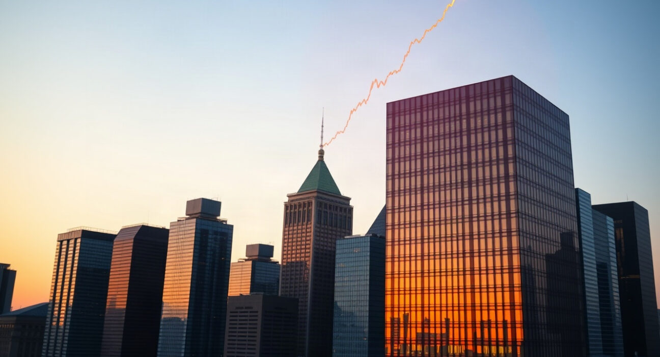 Financial district skyline with digital Bitcoin chart overlay symbolizing institutional adoption