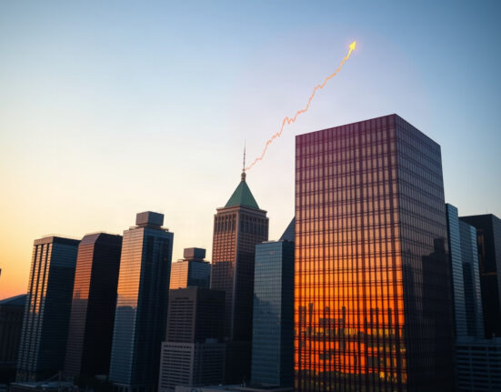 Financial district skyline with digital Bitcoin chart overlay symbolizing institutional adoption