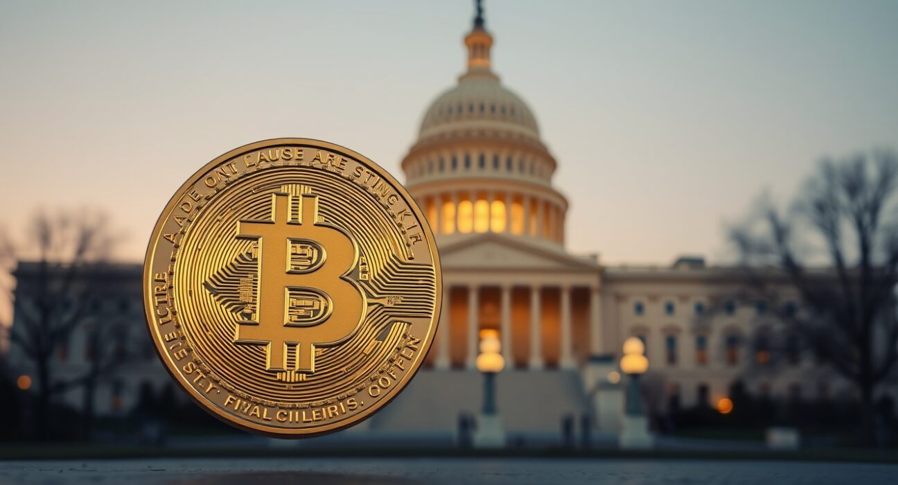 Bitcoin coin in foreground with U.S. Capitol building blurred in background at dusk