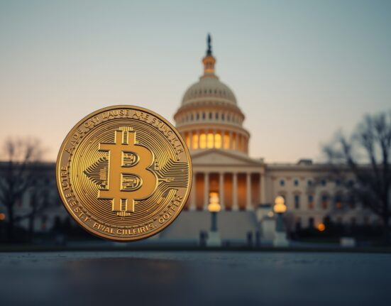 Bitcoin coin in foreground with U.S. Capitol building blurred in background at dusk