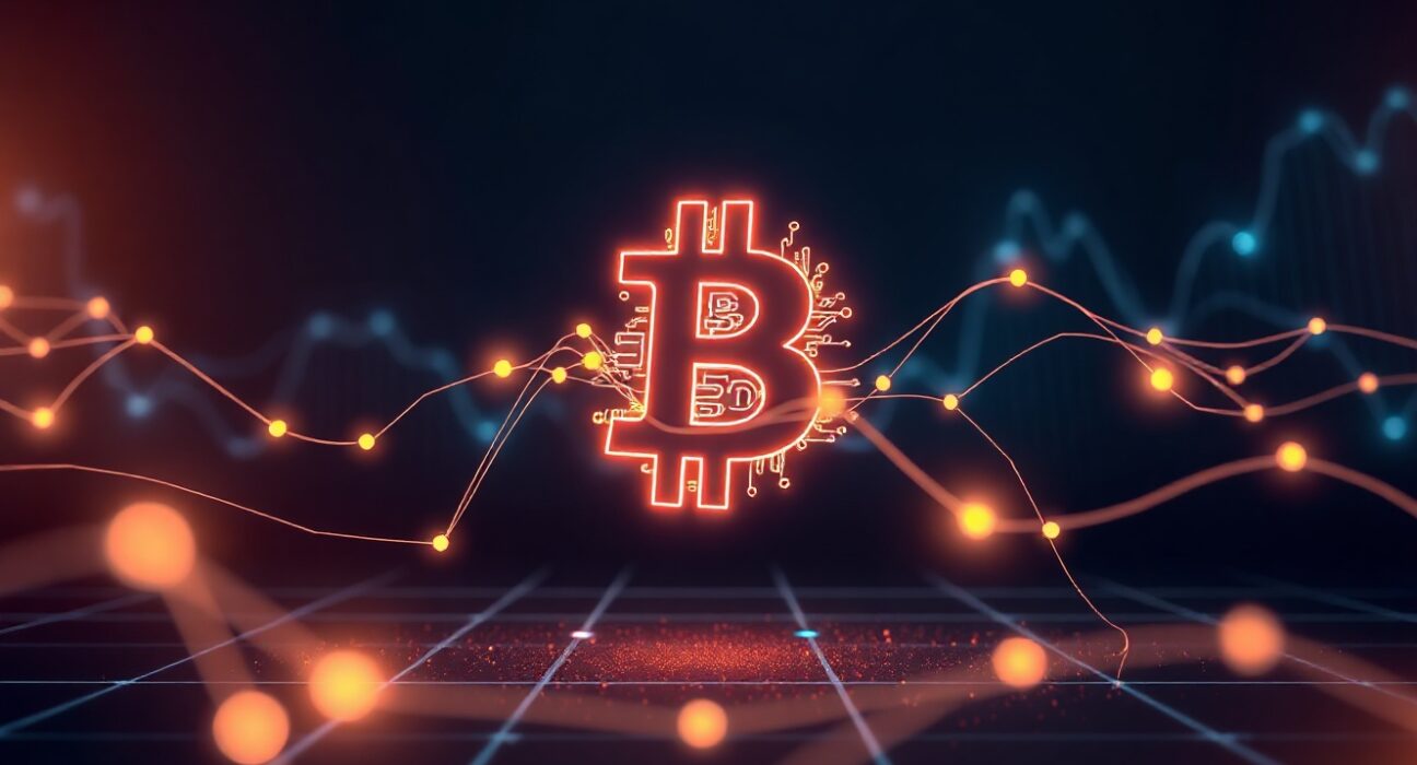 A digital representation of the Bitcoin network with a glowing Bitcoin symbol at the center, symbolizing high transaction activity.
