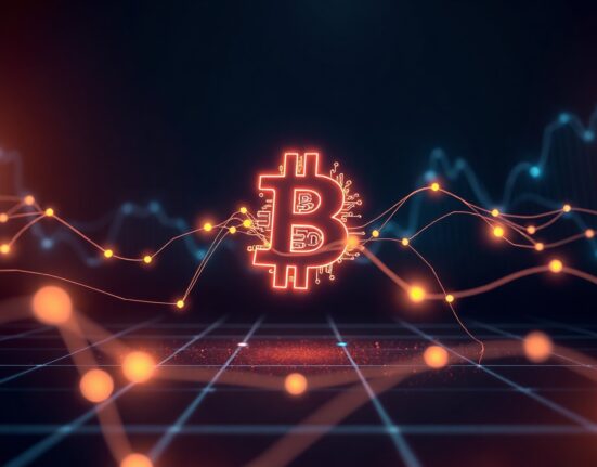A digital representation of the Bitcoin network with a glowing Bitcoin symbol at the center, symbolizing high transaction activity.