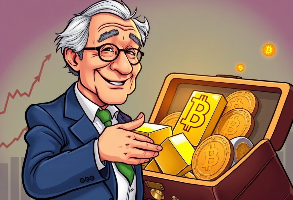 A cartoon illustration showing an investor strategically allocating funds to gold and Bitcoin, highlighting the importance of Bitcoin in hedging against economic risks.