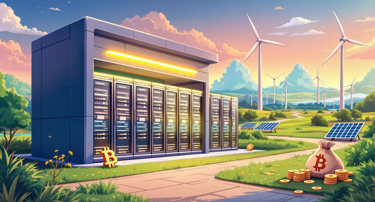 A cartoon illustration showing a modern Bitcoin data center in Texas, symbolizing Soluna's $20 million expansion and future growth.