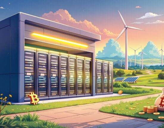 A cartoon illustration showing a modern Bitcoin data center in Texas, symbolizing Soluna's $20 million expansion and future growth.