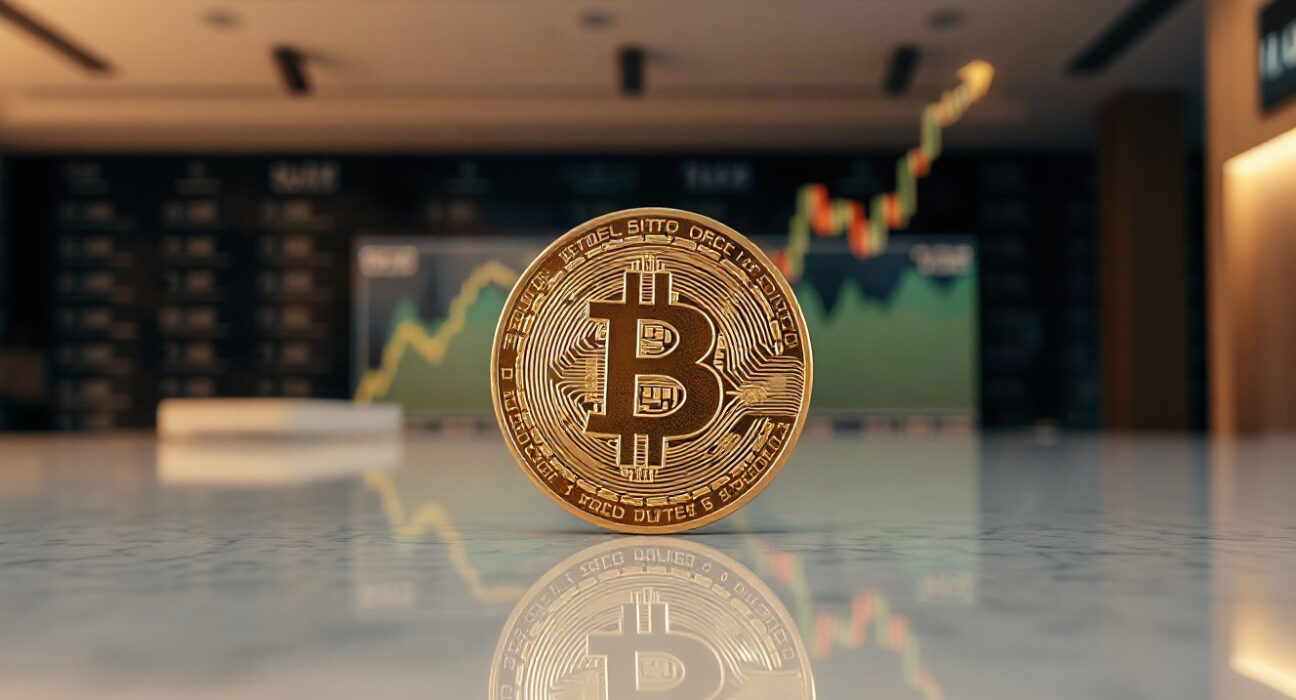 Bitcoin coin on reflective surface with subtle price chart in background