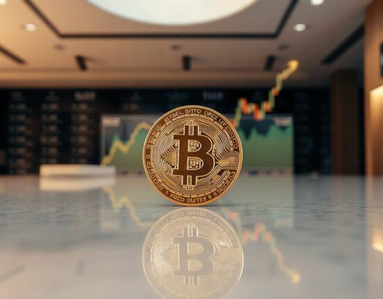 Bitcoin coin on reflective surface with subtle price chart in background