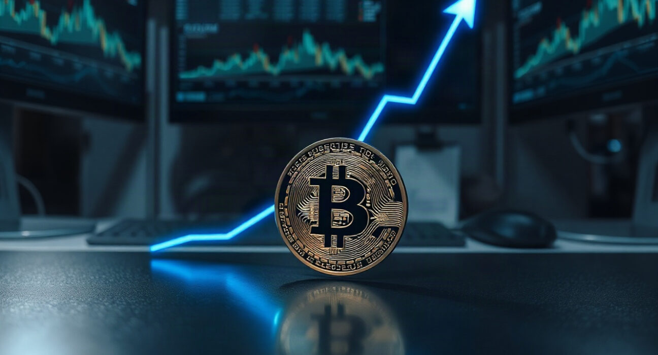 Bitcoin coin with a rising trend line, representing its 130x price increase over the past decade.