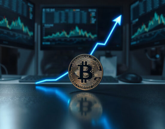 Bitcoin coin with a rising trend line, representing its 130x price increase over the past decade.