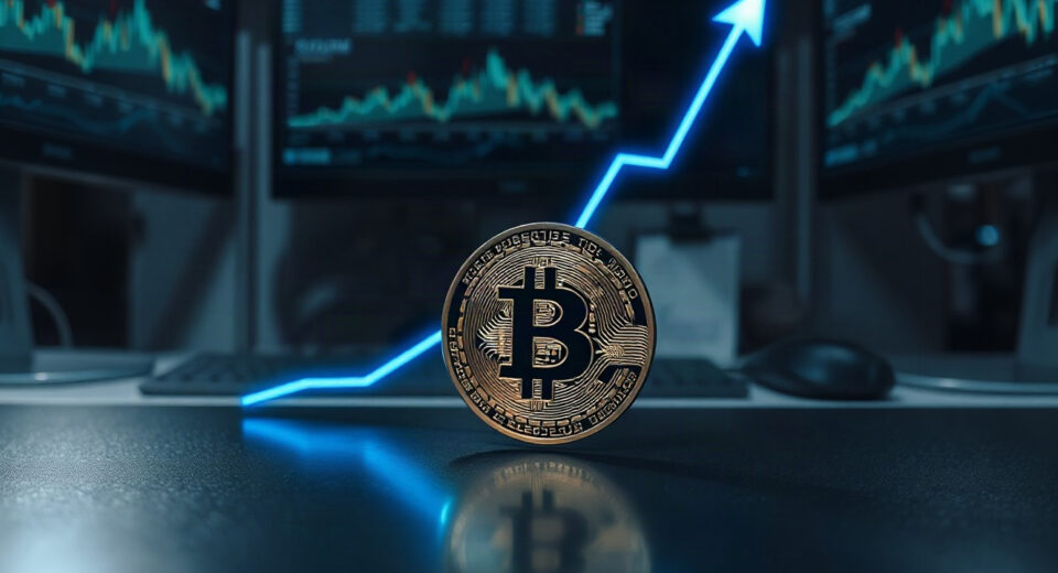 Bitcoin coin with a rising trend line, representing its 130x price increase over the past decade.