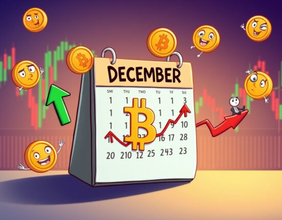 Bitcoin December performance illustrated as a rollercoaster calendar showing volatile monthly returns
