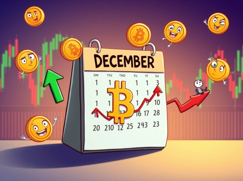 Bitcoin December performance illustrated as a rollercoaster calendar showing volatile monthly returns
