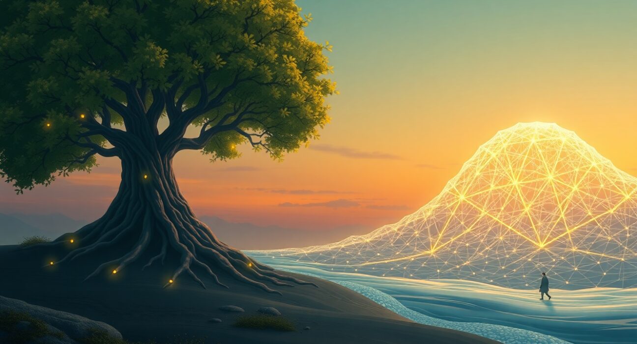 Conceptual art of Bitcoin's decentralized blockchain facing the advanced threat of quantum computing.