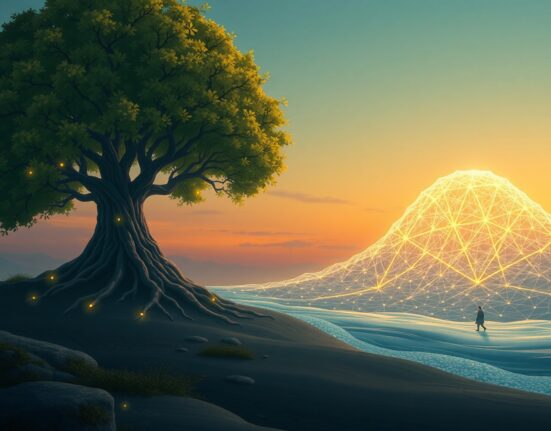 Conceptual art of Bitcoin's decentralized blockchain facing the advanced threat of quantum computing.