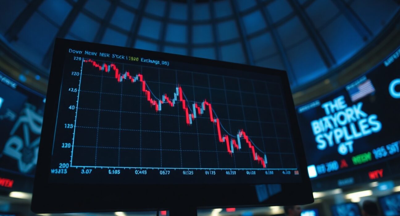 Bitcoin chart showing decline with NYSE trading floor in background