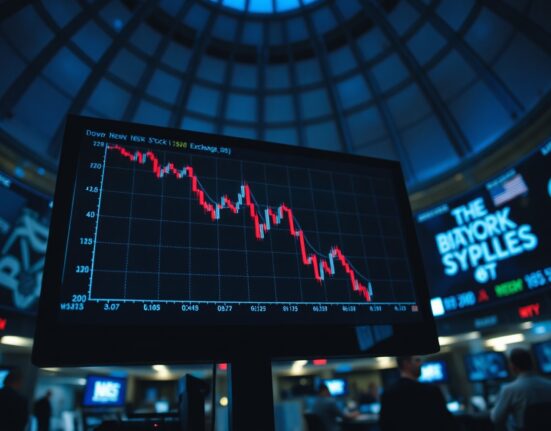 Bitcoin chart showing decline with NYSE trading floor in background