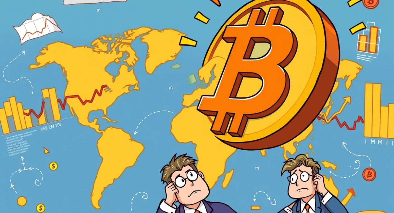 Bitcoin decoupling from global financial markets in cartoon illustration showing separation from money flow