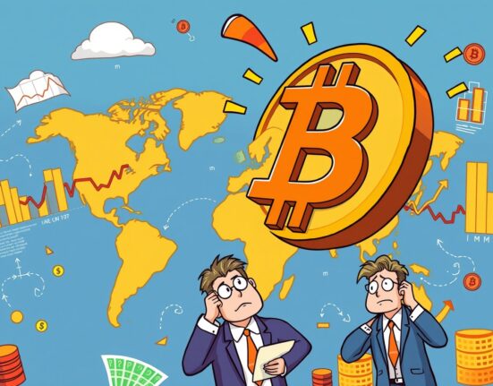 Bitcoin decoupling from global financial markets in cartoon illustration showing separation from money flow