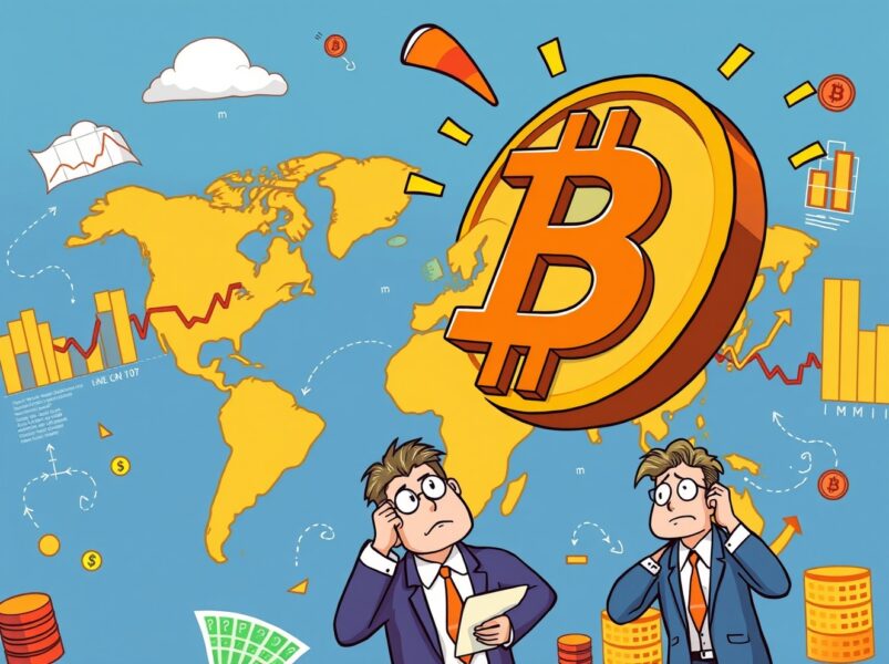 Bitcoin decoupling from global financial markets in cartoon illustration showing separation from money flow