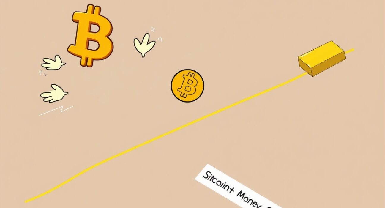 A cartoon illustration showing Bitcoin decoupling from the global M2 money supply, highlighting its new independent market dynamics.