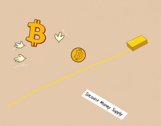 A cartoon illustration showing Bitcoin decoupling from the global M2 money supply, highlighting its new independent market dynamics.