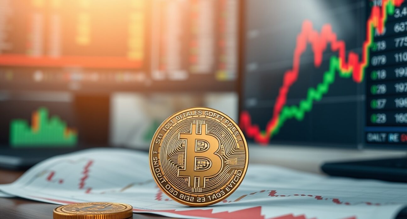 Bitcoin coin on a stock chart showing divergence between BTC and software stocks