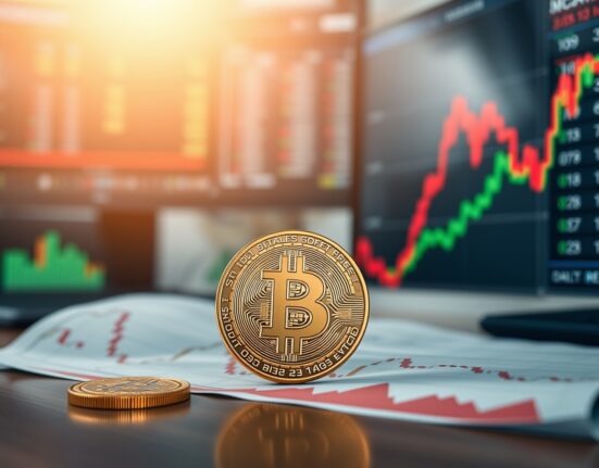 Bitcoin coin on a stock chart showing divergence between BTC and software stocks