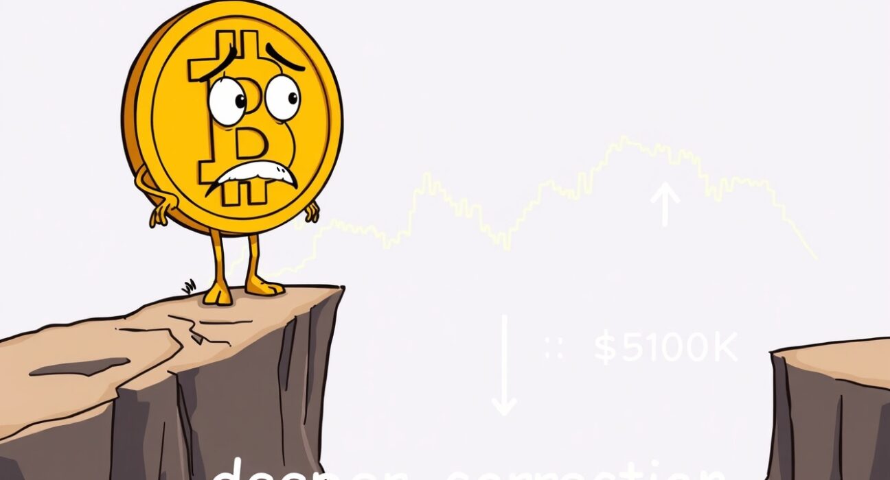 A worried Bitcoin character on a fragile $101K support level, illustrating the risk of a Bitcoin deeper correction.