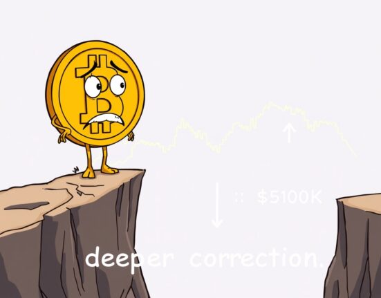 A worried Bitcoin character on a fragile $101K support level, illustrating the risk of a Bitcoin deeper correction.