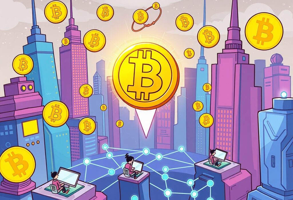 A vibrant cartoon illustration depicting the expansion of Bitcoin DeFi through new funding, with interconnected digital elements.