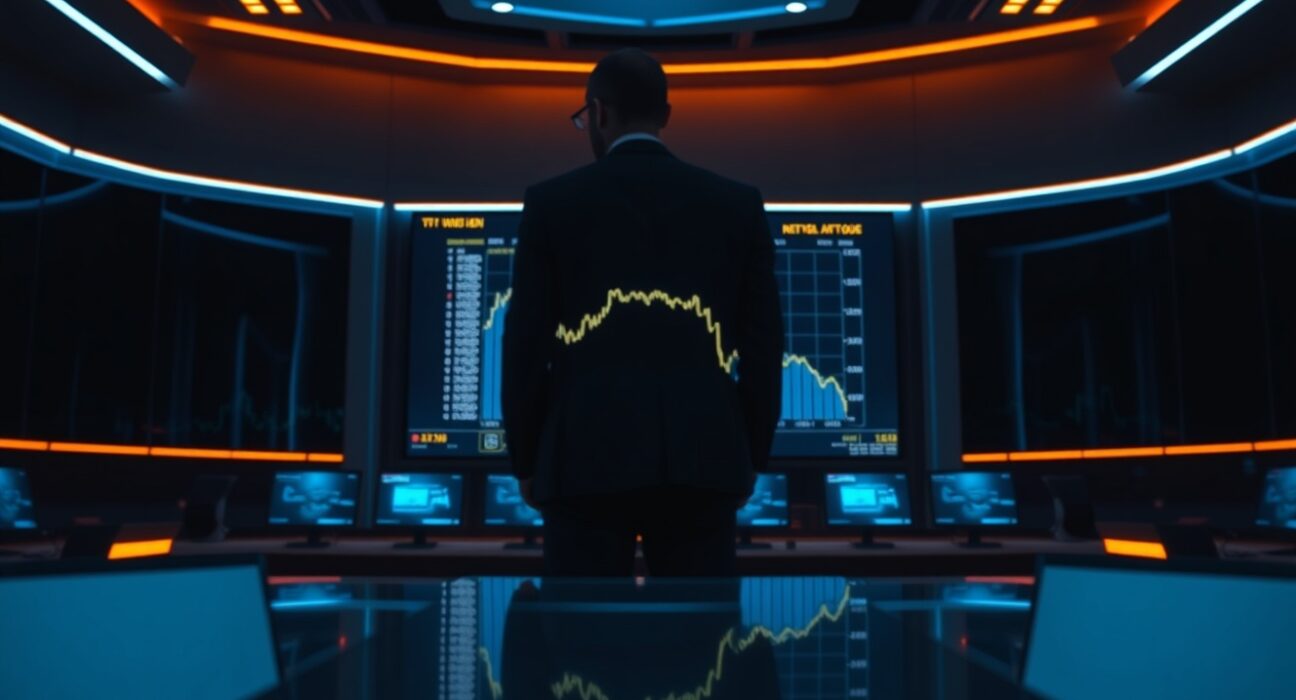Bitcoin DeFi liquidity chart on a screen with a silhouette of an executive in a dimly lit trading room.